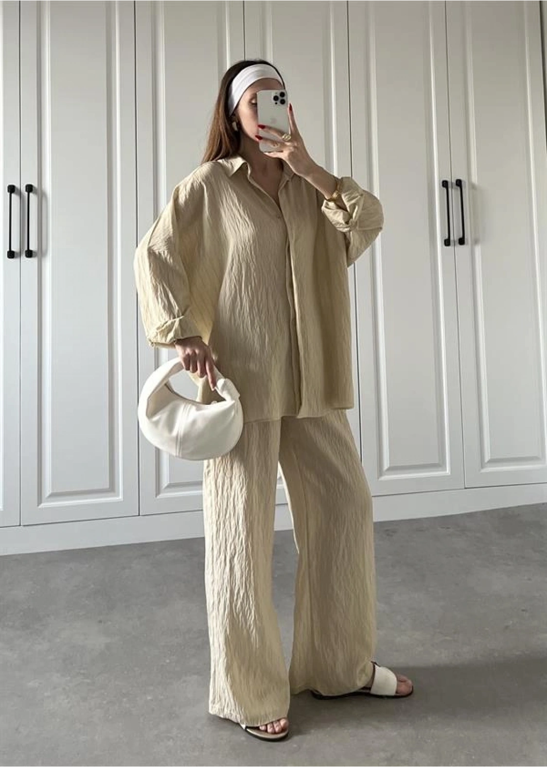 Nora İthal Kumaş Krem Gömlek Takım