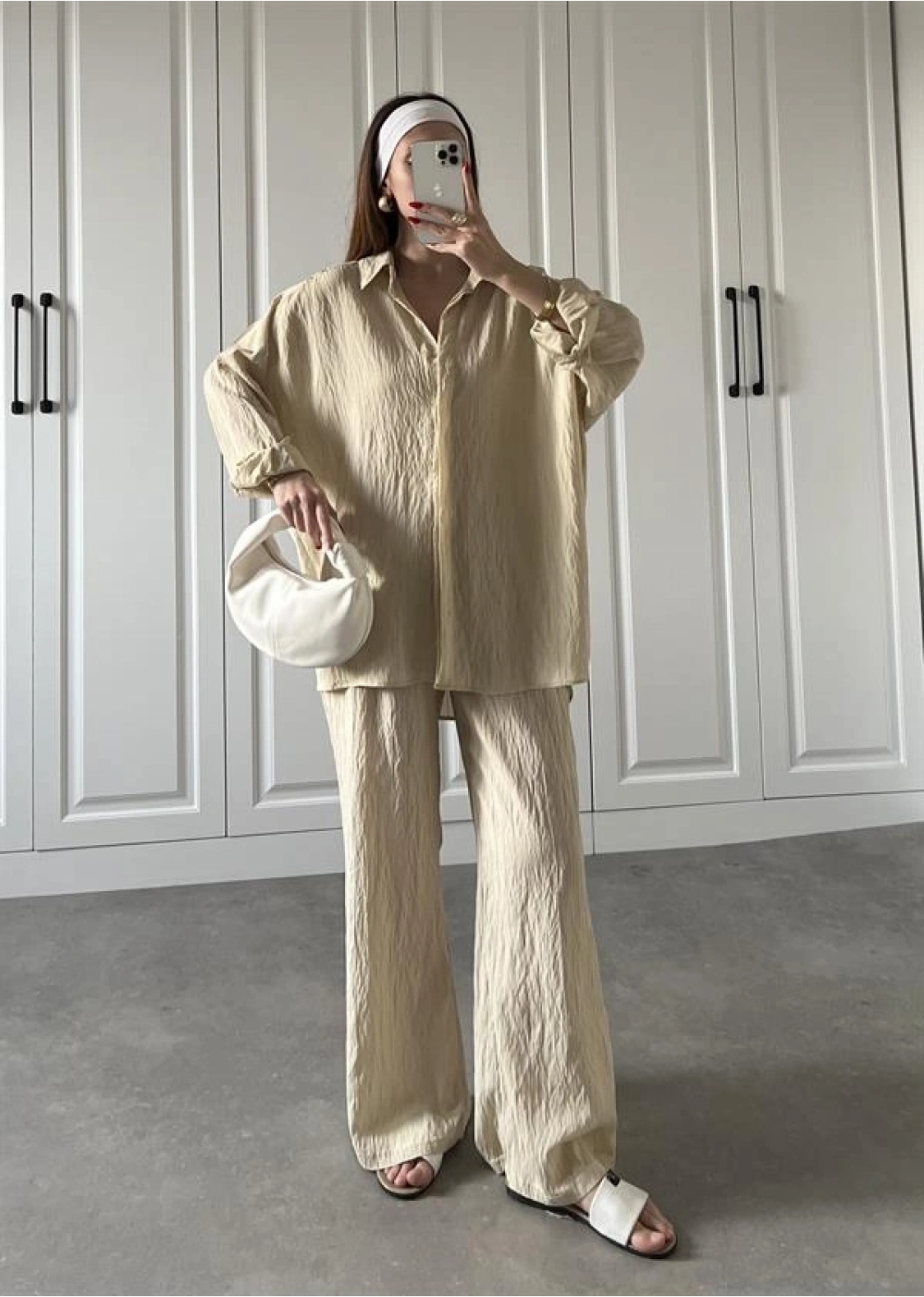 Nora İthal Kumaş Krem Gömlek Takım