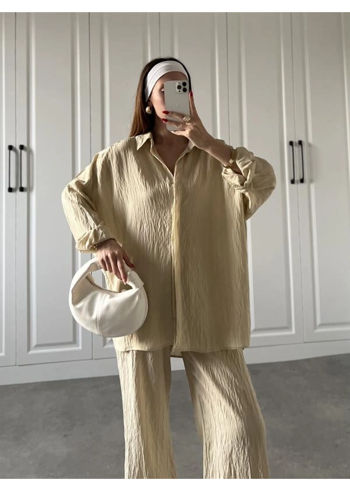 Nora İthal Kumaş Krem Gömlek Takım