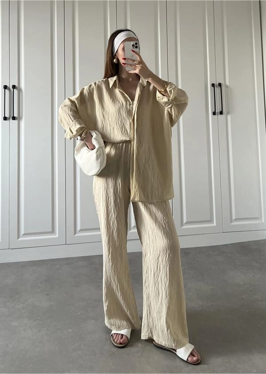 Nora İthal Kumaş Krem Gömlek Takım