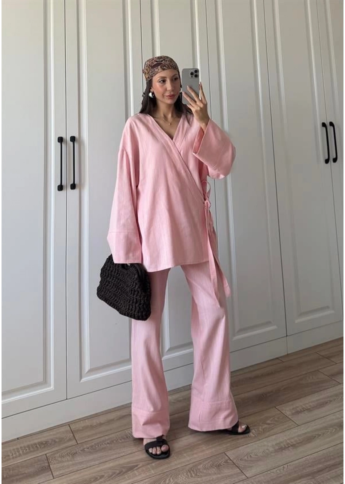 Nuba Yandan Bağlamalı Pembe Keten Takım