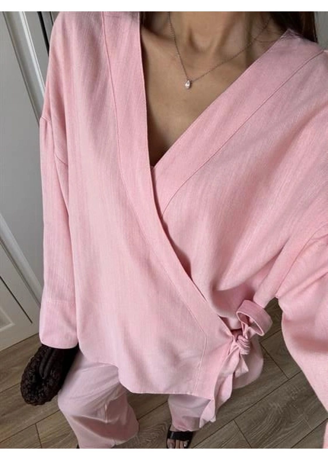 Nuba Yandan Bağlamalı Pembe Keten Takım