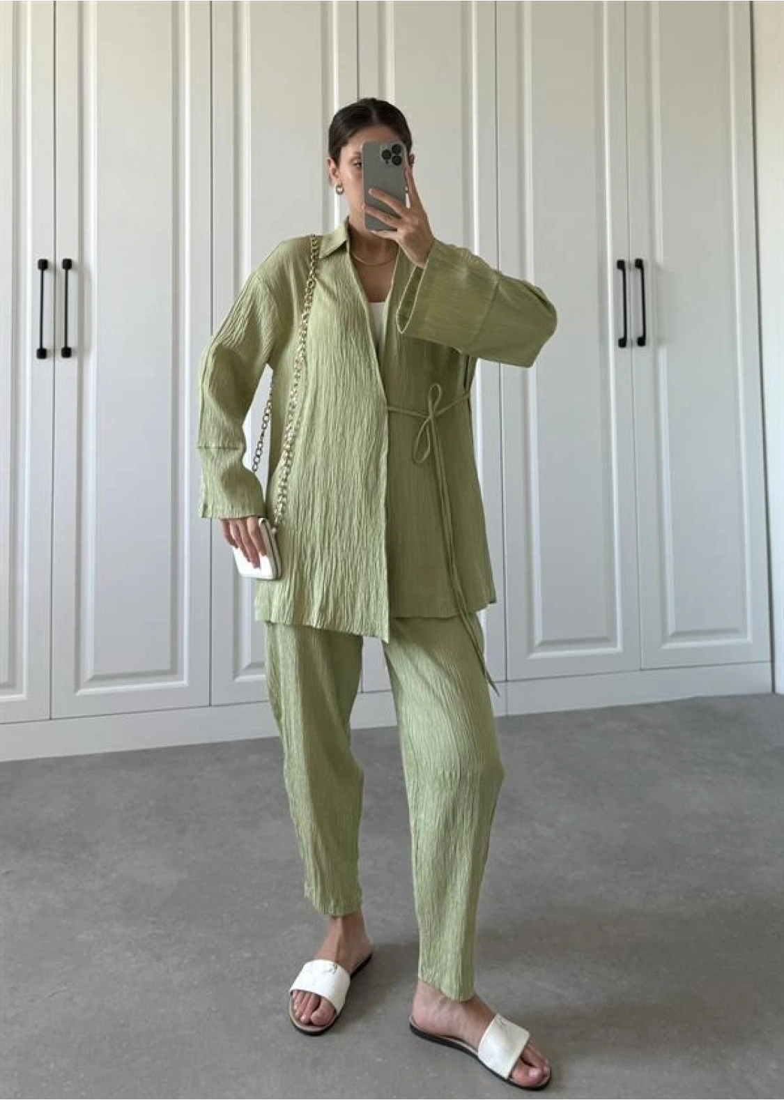 Nude Yeşili Gofre Bağlamalı Kimono Takım