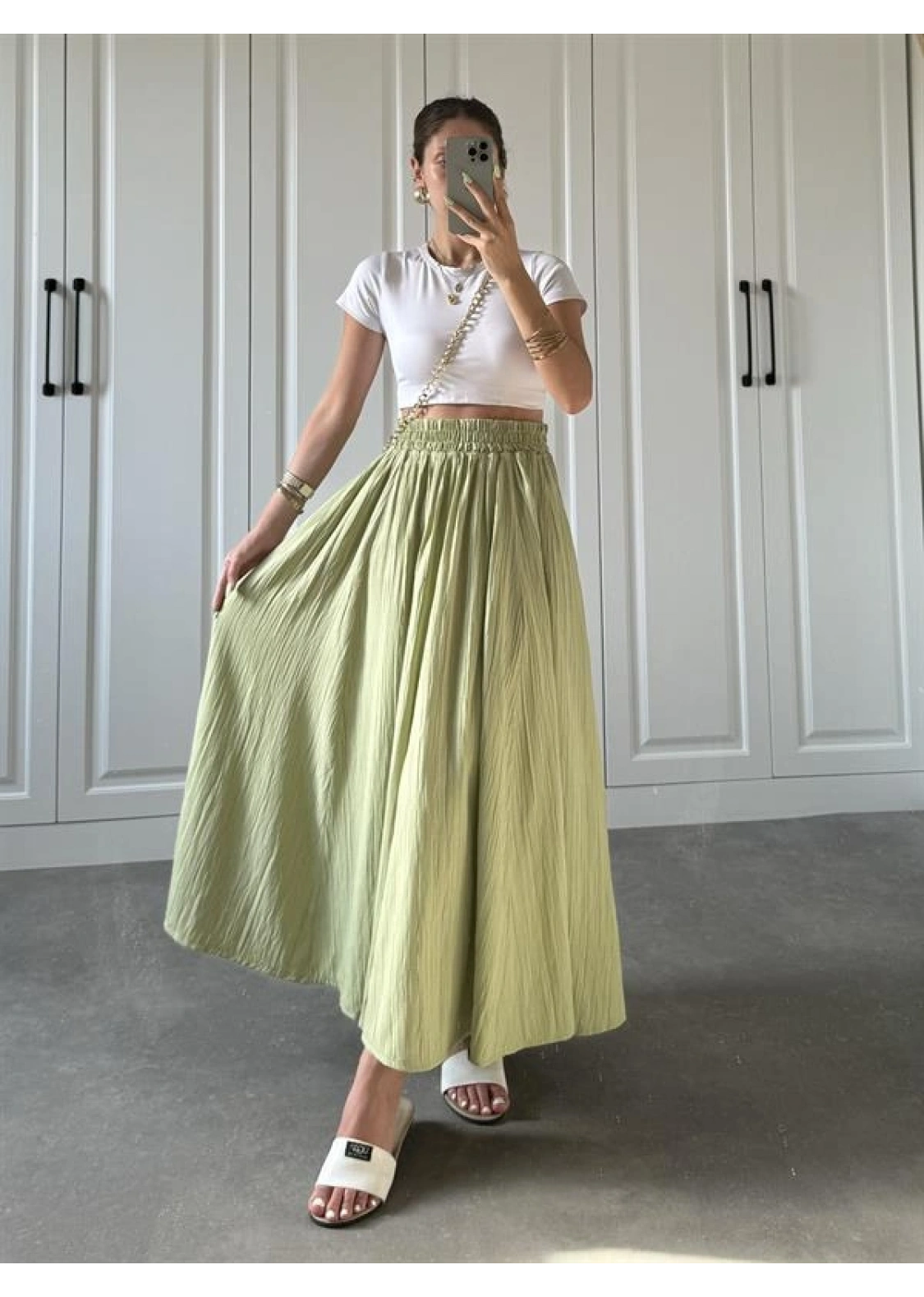 Nude Yeşili Krinkıl Gofre Astarlı Etek