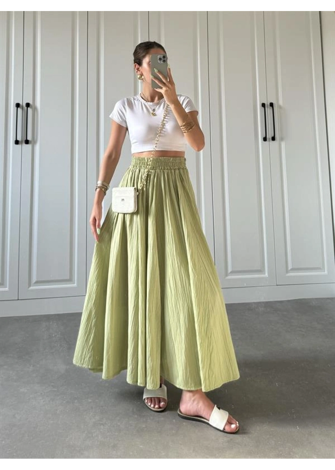 Nude Yeşili Krinkıl Gofre Astarlı Etek