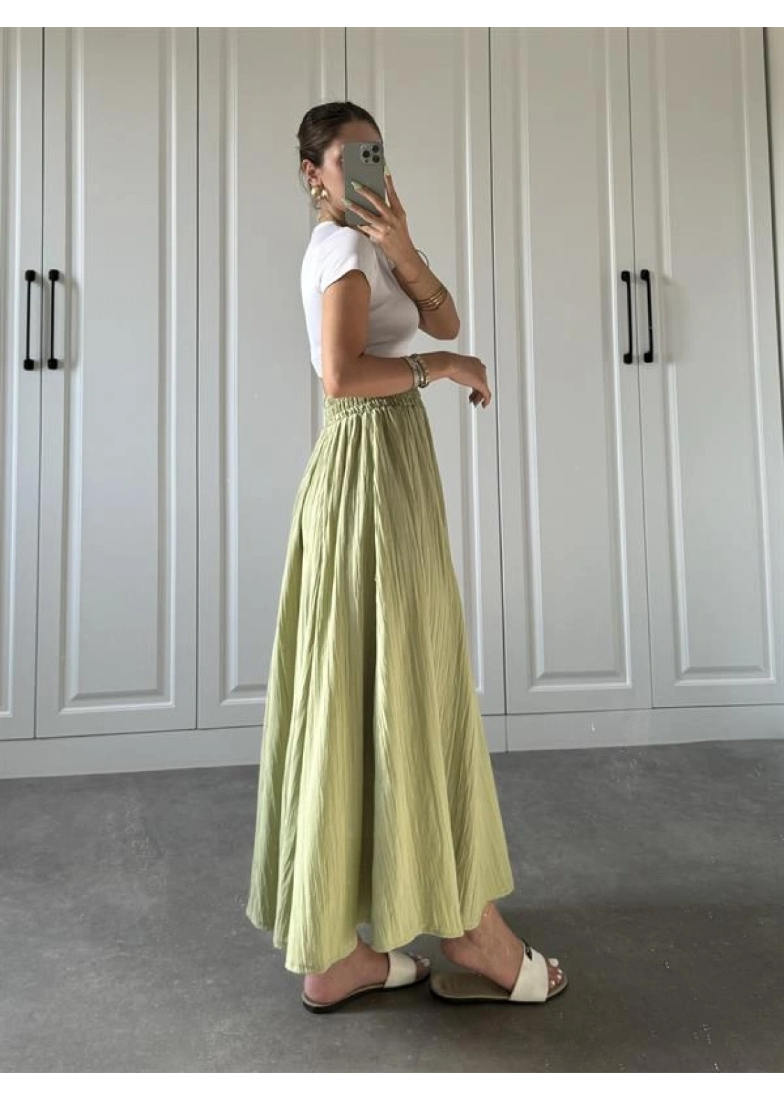 Nude Yeşili Krinkıl Gofre Astarlı Etek