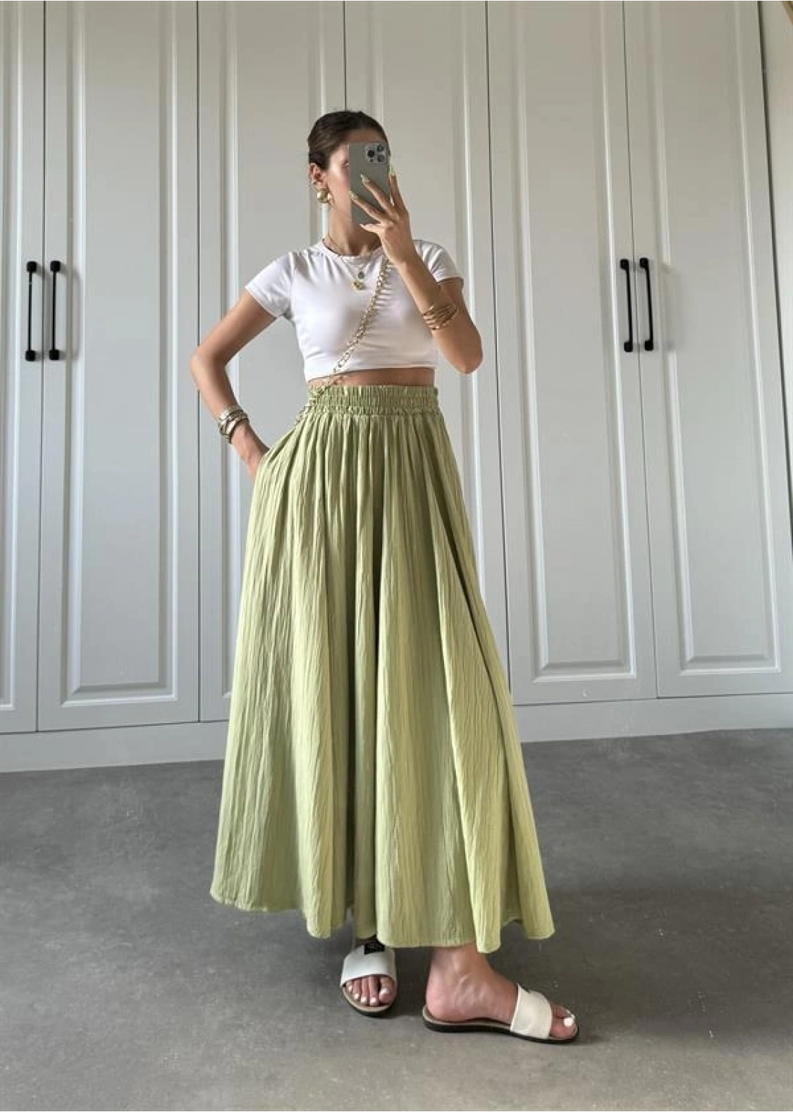 Nude Yeşili Krinkıl Gofre Astarlı Etek