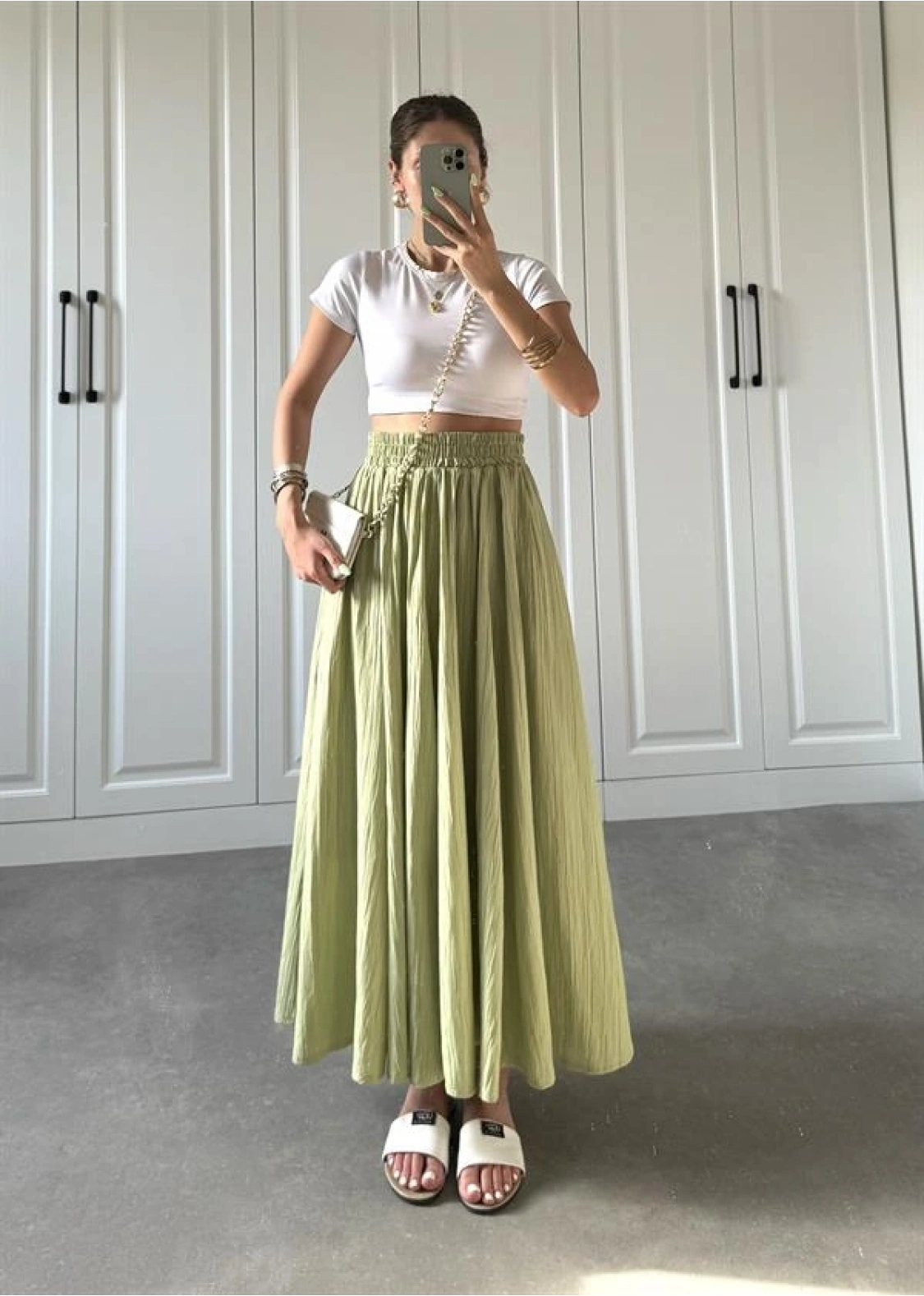 Nude Yeşili Krinkıl Gofre Astarlı Etek