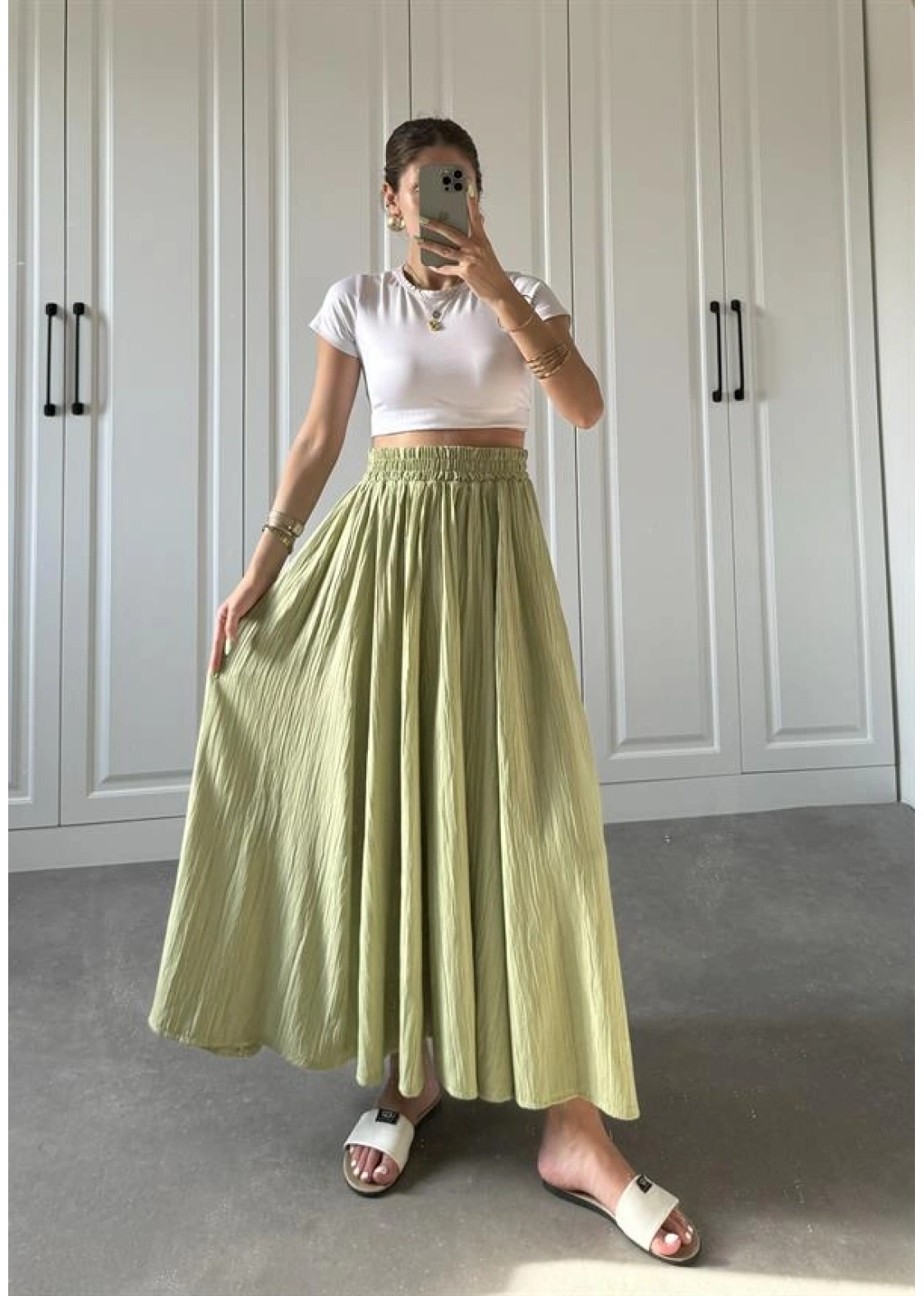 Nude Yeşili Krinkıl Gofre Astarlı Etek