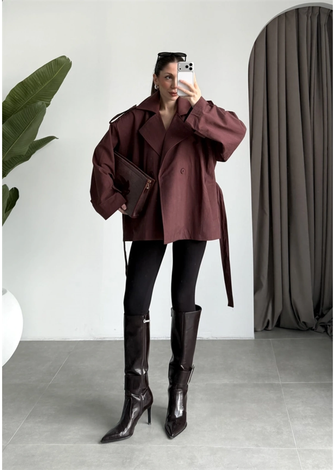 Nuve Premium Astarlı Bordo Trençkot