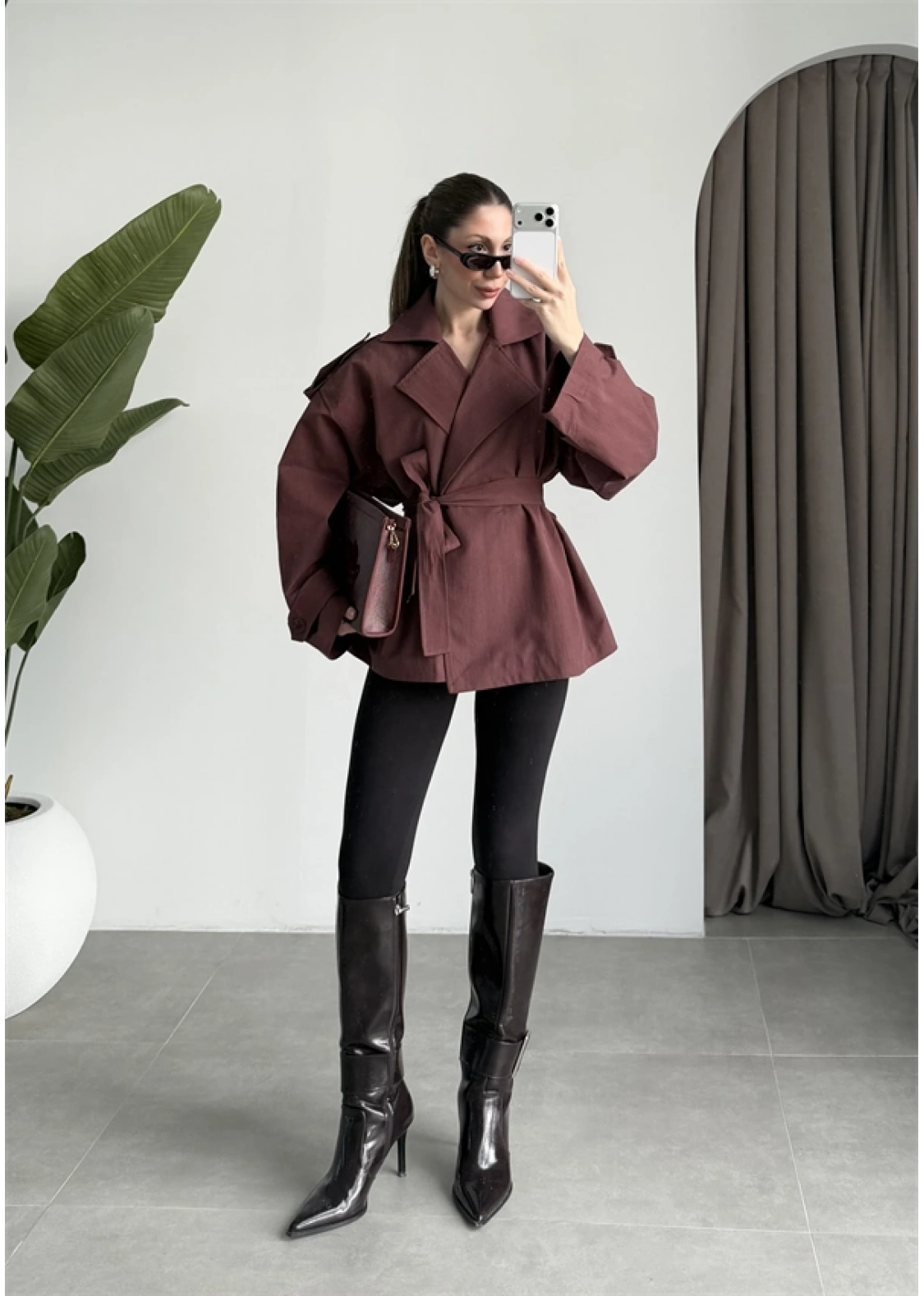 Nuve Premium Astarlı Bordo Trençkot