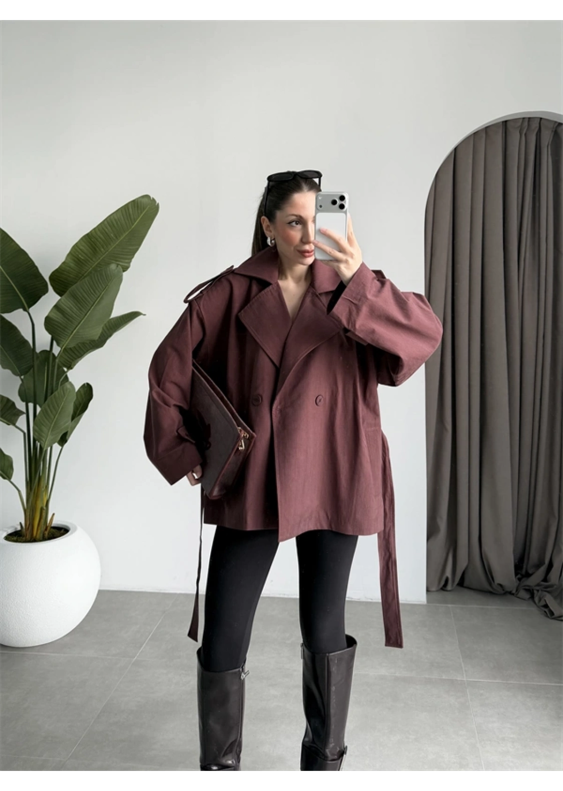 Nuve Premium Astarlı Bordo Trençkot