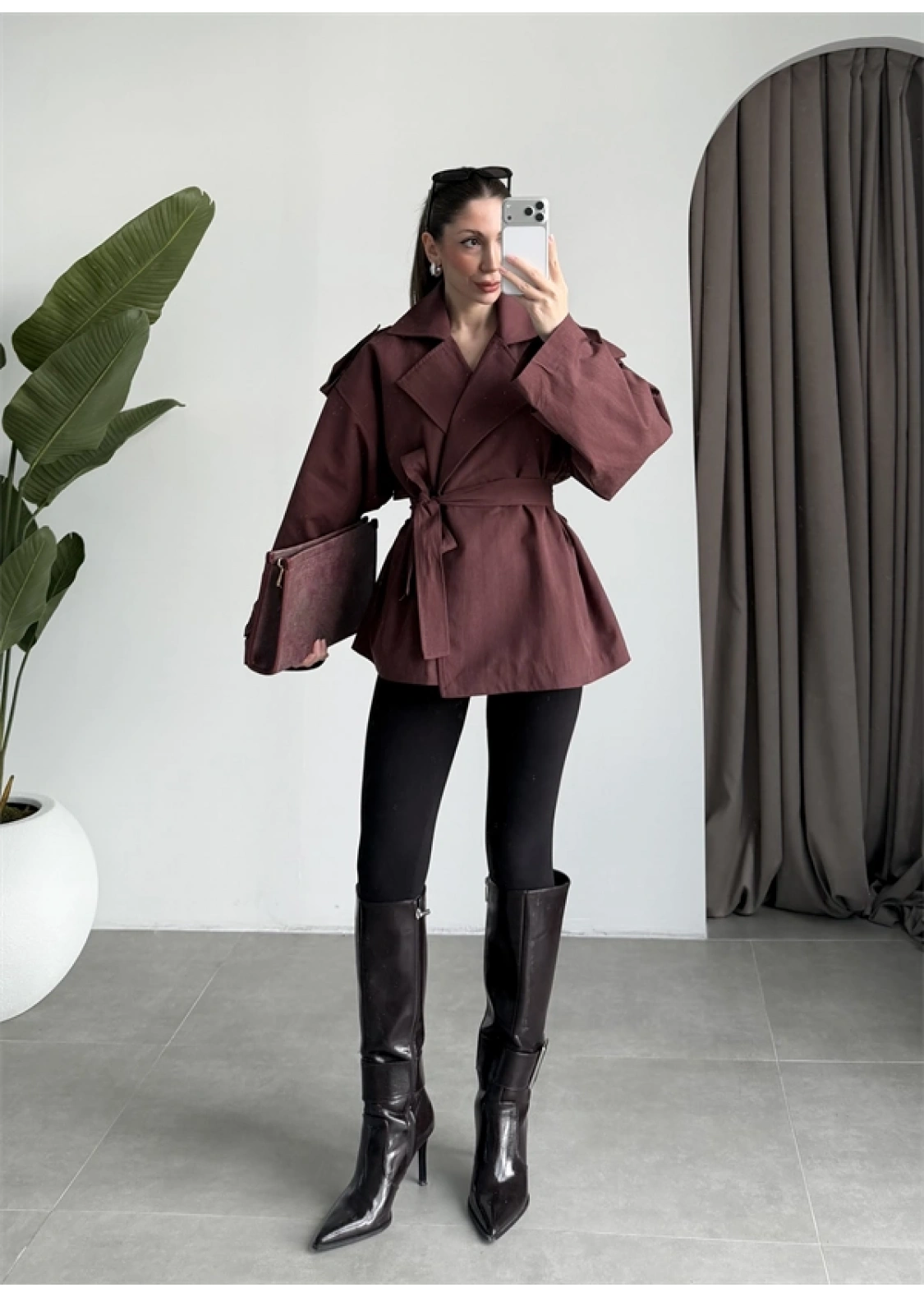 Nuve Premium Astarlı Bordo Trençkot