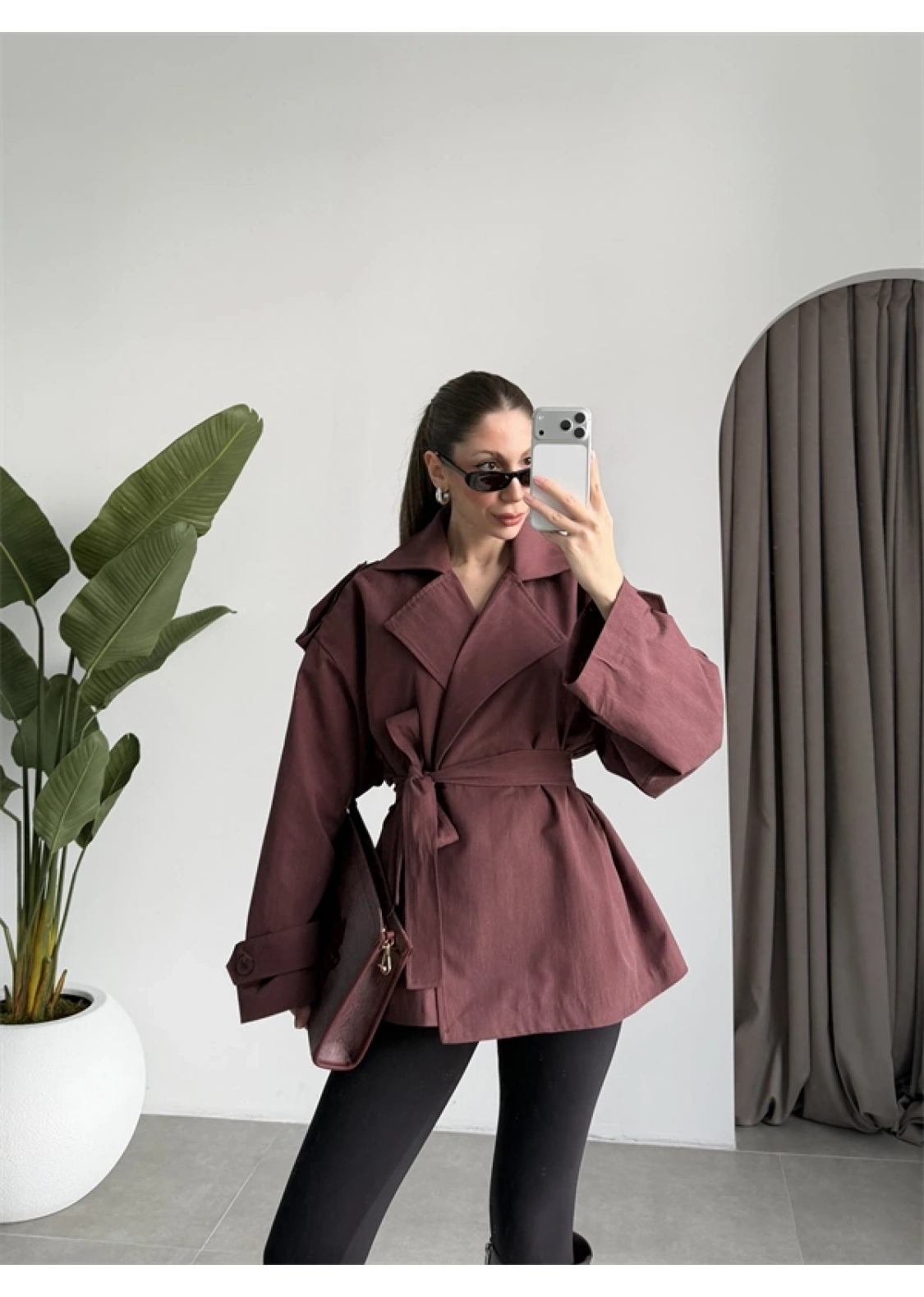 Nuve Premium Astarlı Bordo Trençkot