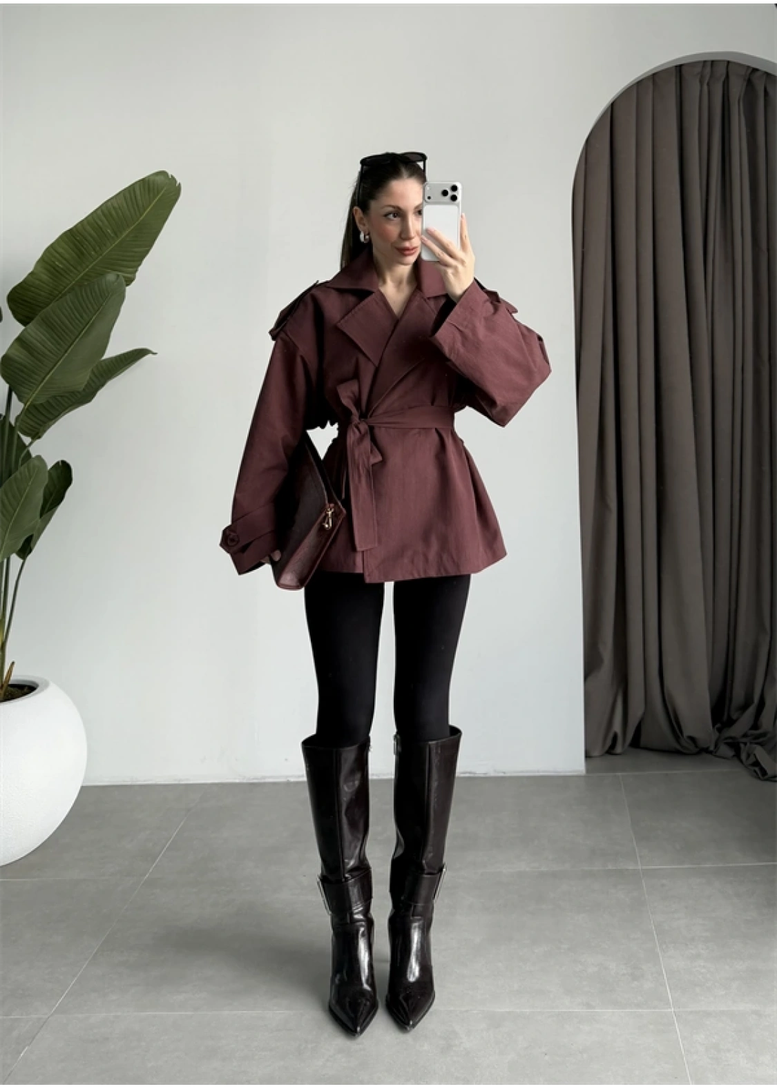 Nuve Premium Astarlı Bordo Trençkot