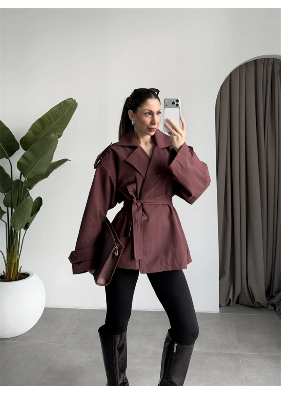 Nuve Premium Astarlı Bordo Trençkot