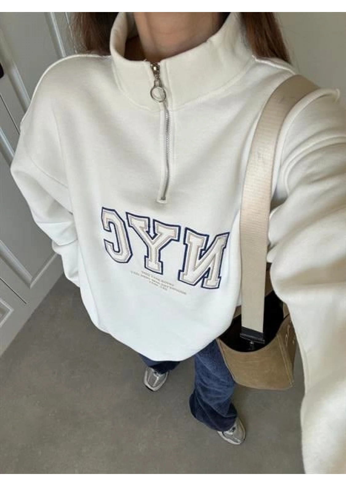 NycQ İçi Şardonlu Premium Beyaz Sweatshirt