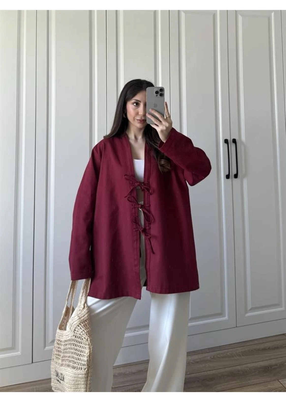 Önü Bağlamalı Bordo Keten Kimono