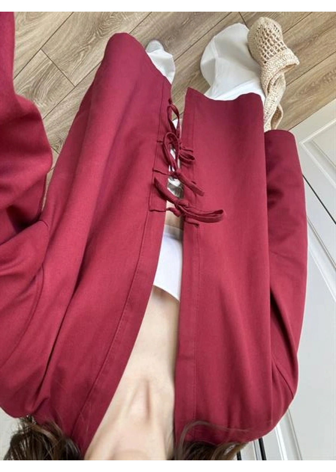 Önü Bağlamalı Bordo Keten Kimono