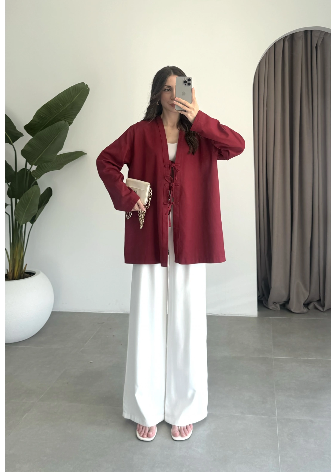 Önü Bağlamalı Bordo Keten Kimono