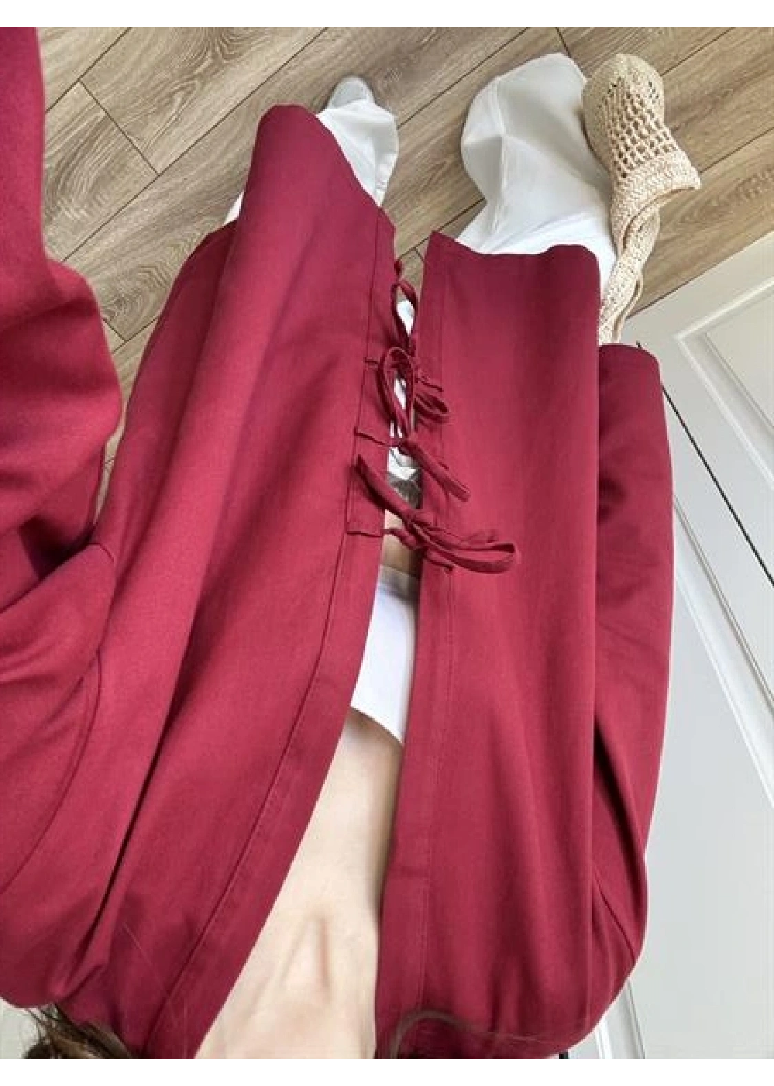 Önü Bağlamalı Bordo Keten Kimono