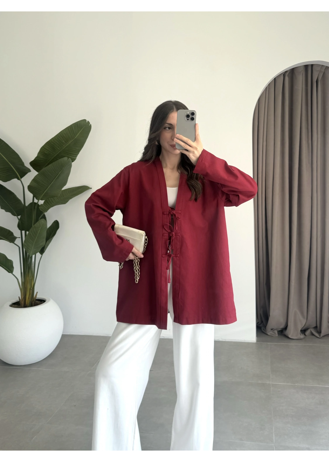 Önü Bağlamalı Bordo Keten Kimono