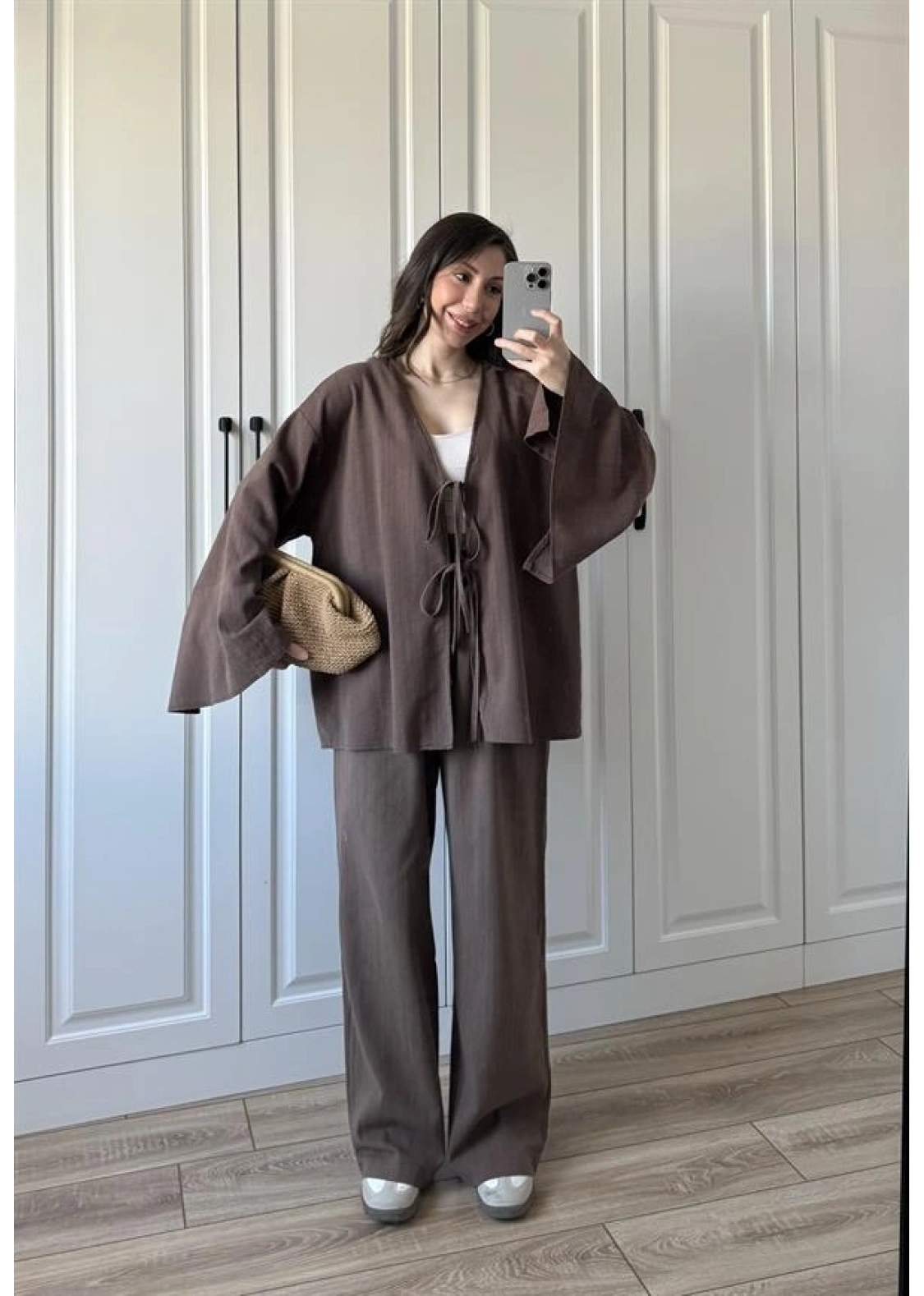 Önü Bağlamalı Ham Keten Kahve Kimono Takım