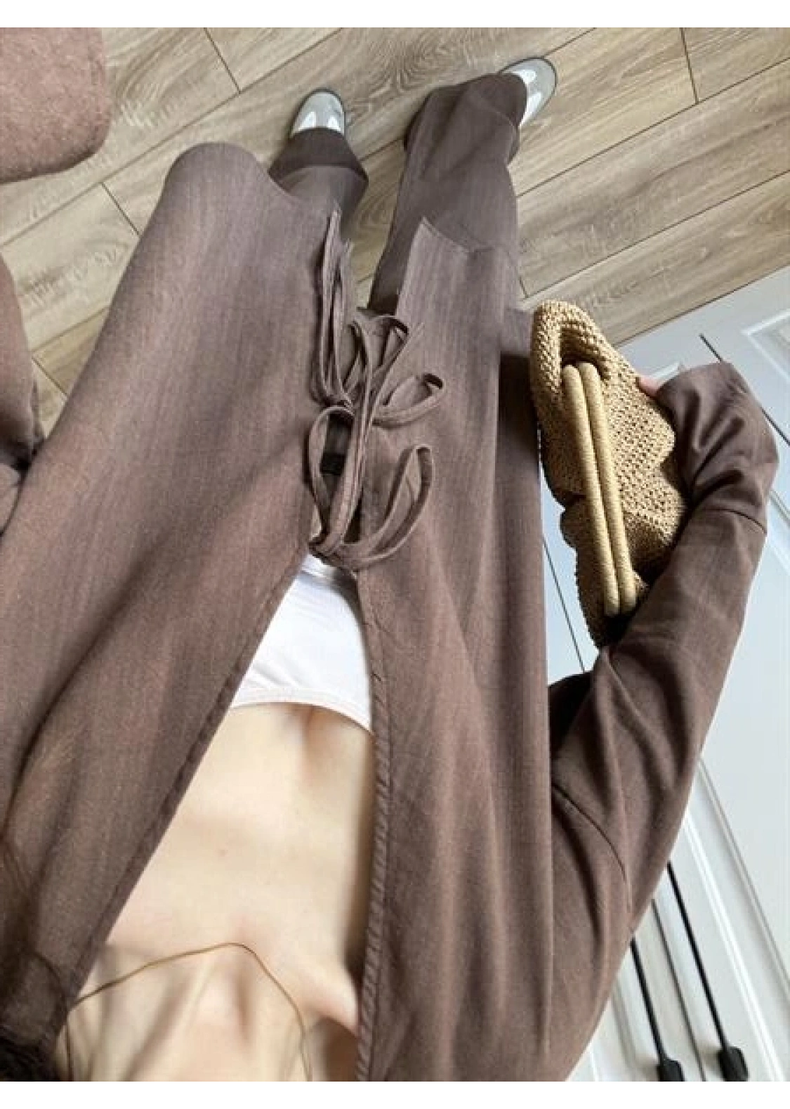 Önü Bağlamalı Ham Keten Kahve Kimono Takım