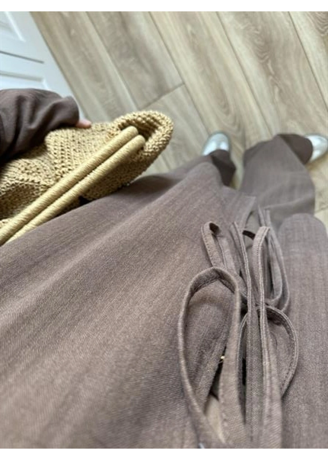 Önü Bağlamalı Ham Keten Kahve Kimono Takım