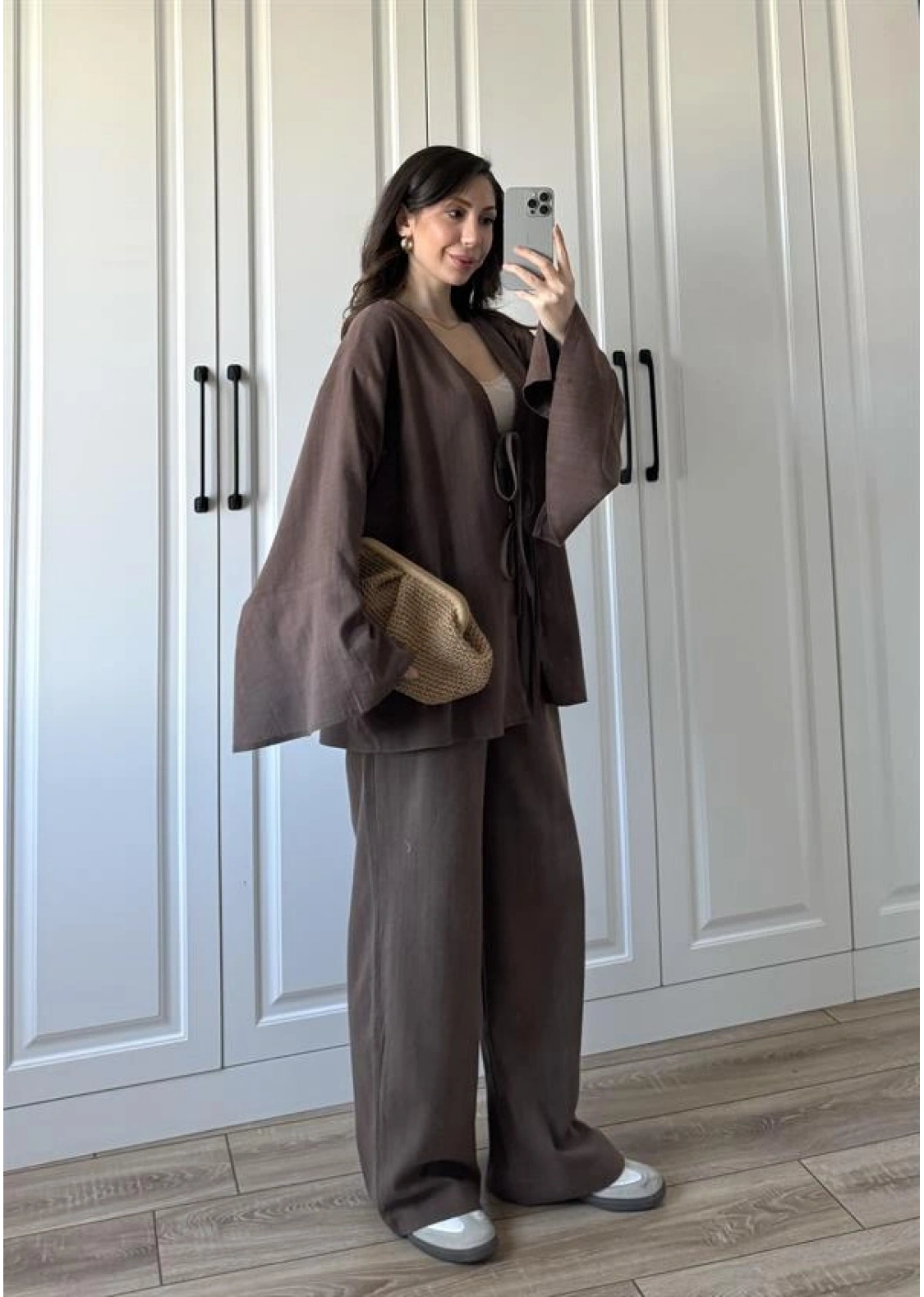 Önü Bağlamalı Ham Keten Kahve Kimono Takım