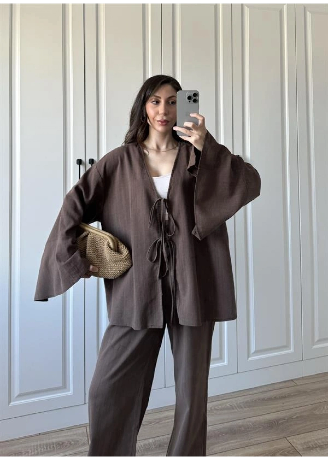 Önü Bağlamalı Ham Keten Kahve Kimono Takım