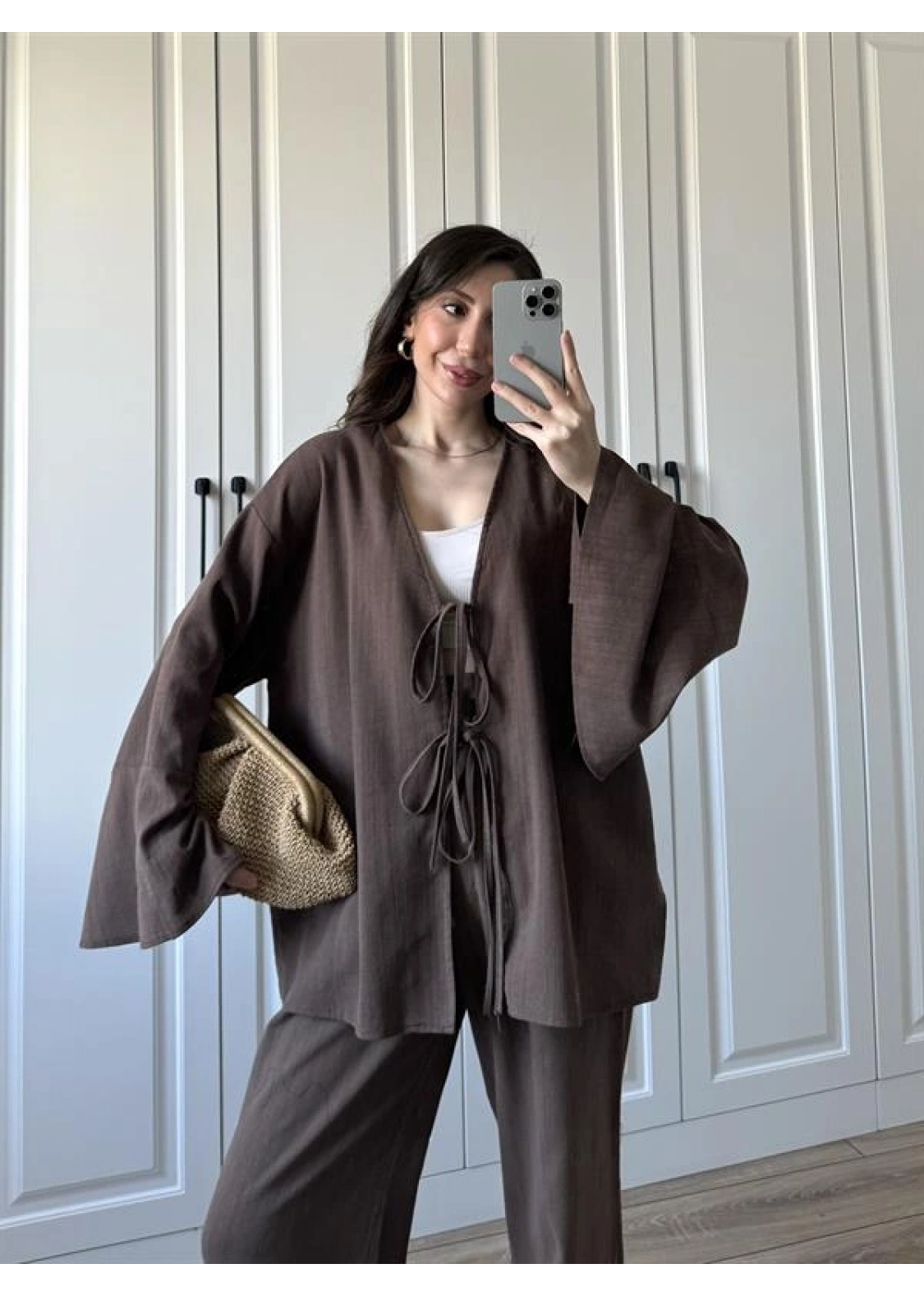 Önü Bağlamalı Ham Keten Kahve Kimono Takım