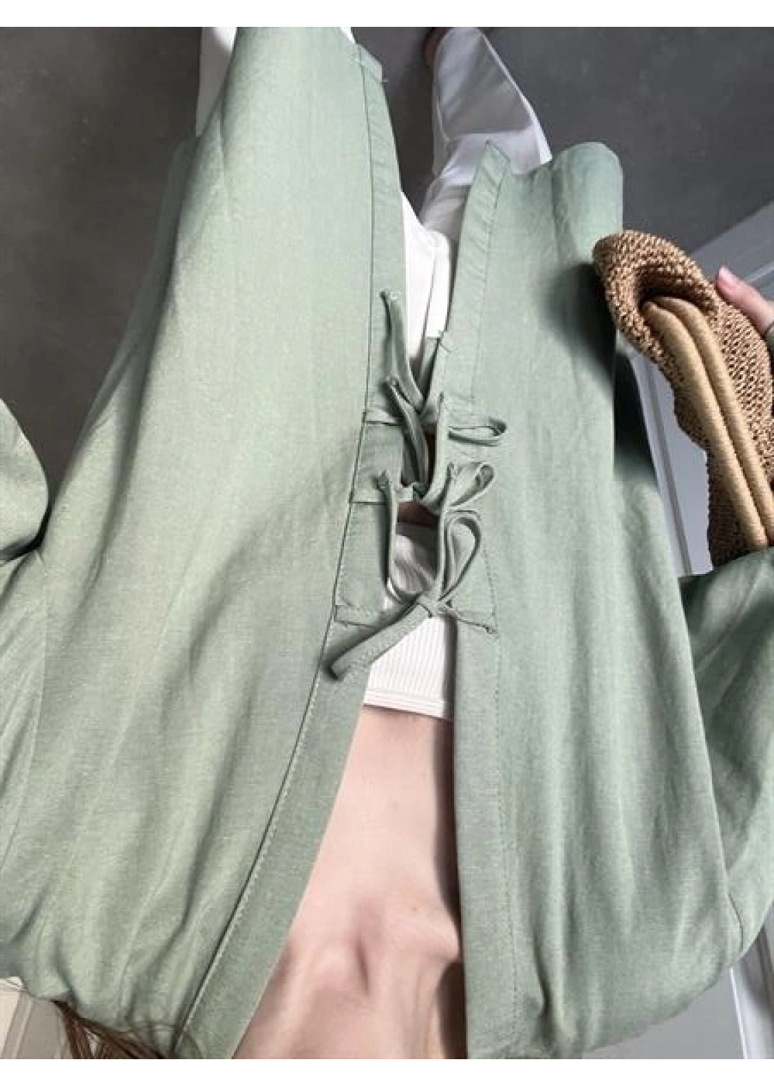 Önü Bağlamalı Mint Yeşili Keten Kimono