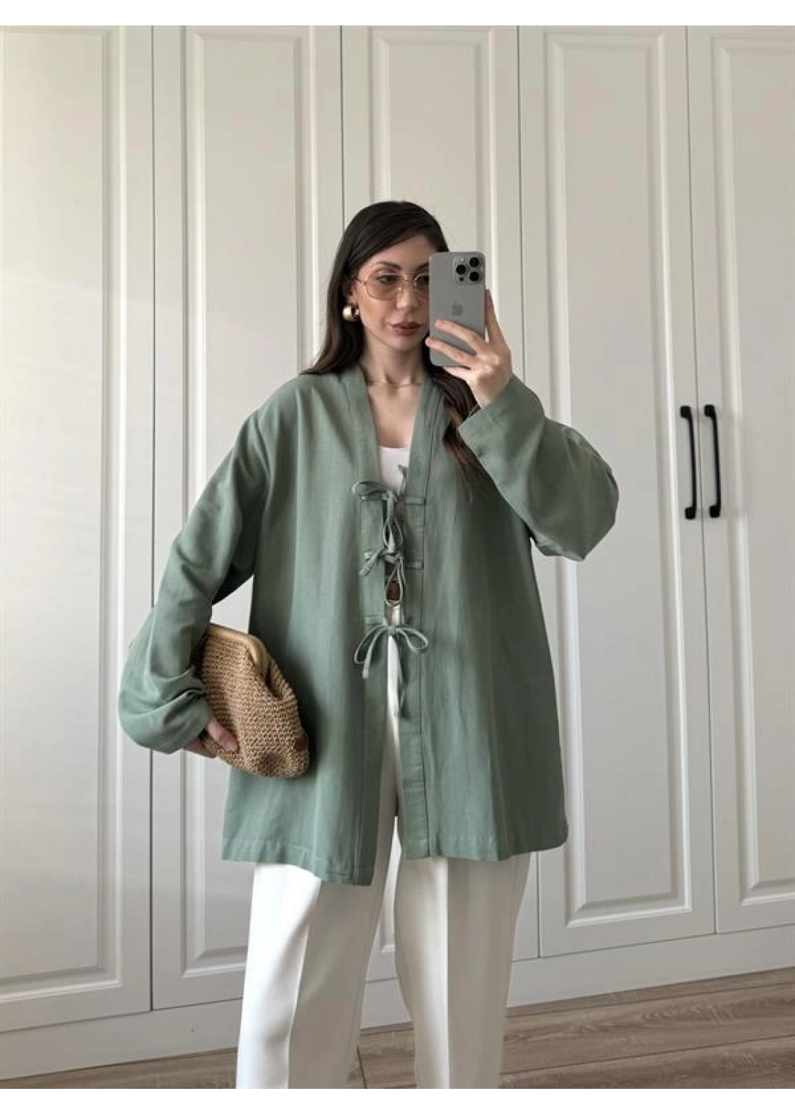 Önü Bağlamalı Mint Yeşili Keten Kimono