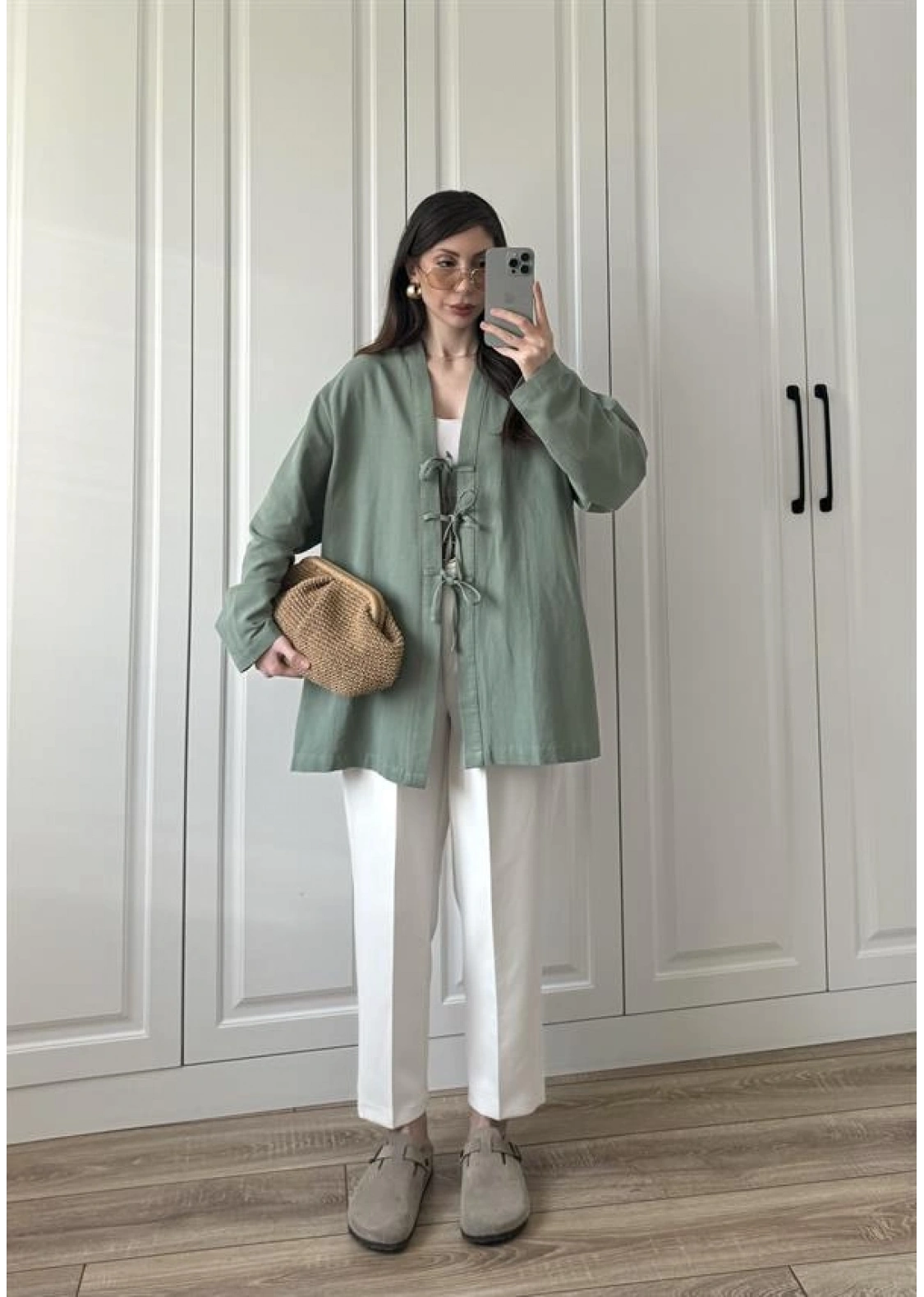 Önü Bağlamalı Mint Yeşili Keten Kimono