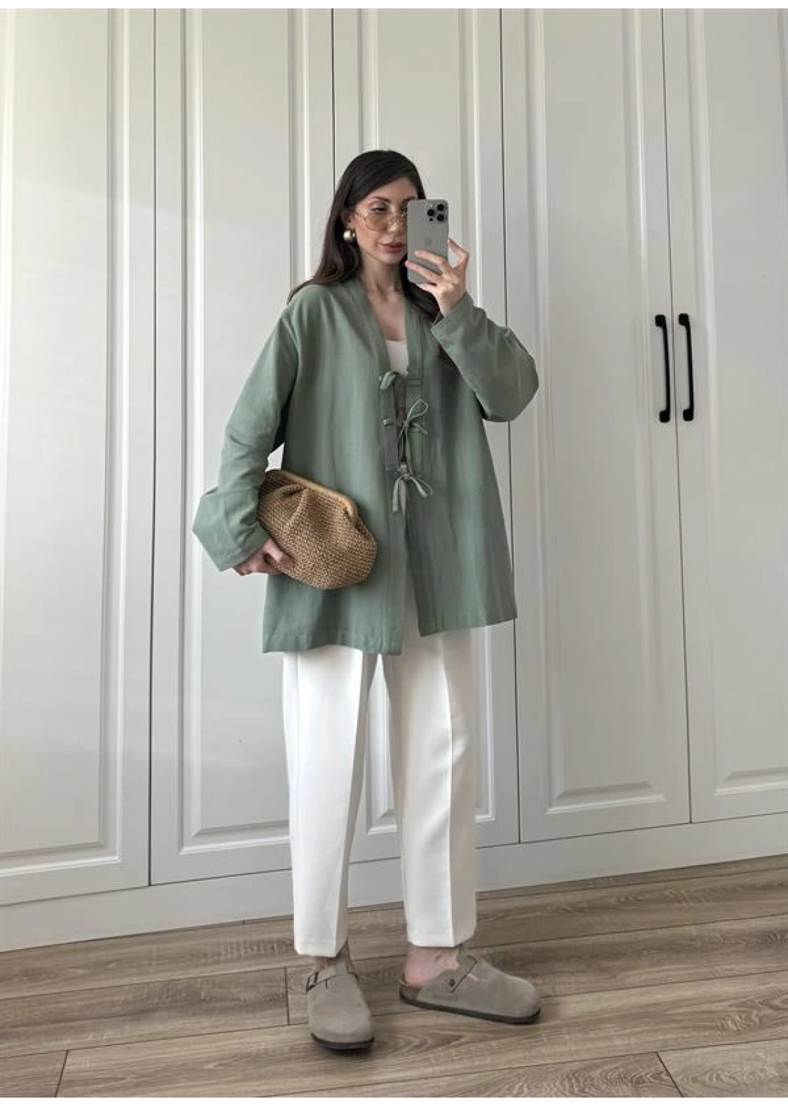 Önü Bağlamalı Mint Yeşili Keten Kimono