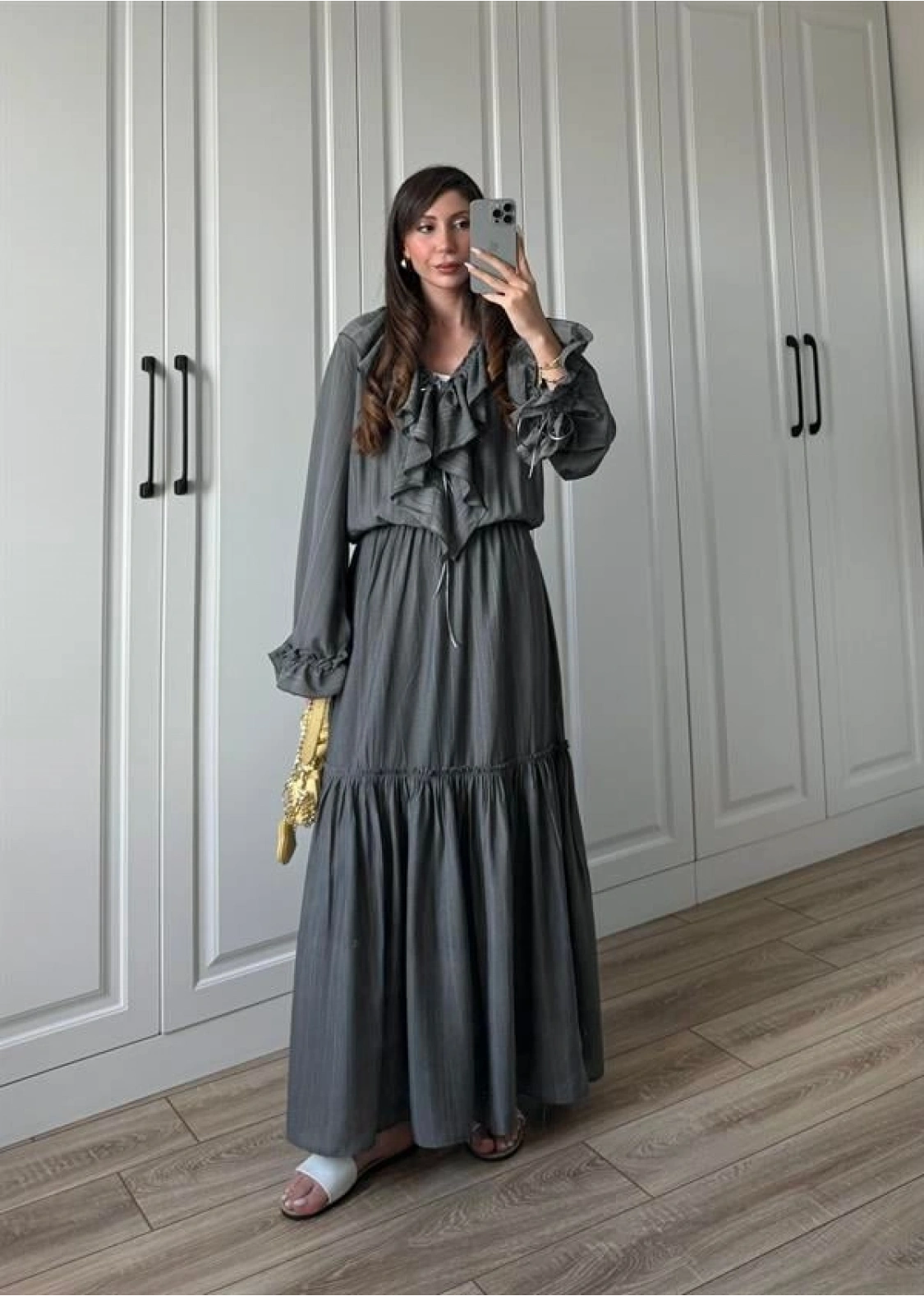 Önü Volanlı Antrasit Viral Elbise