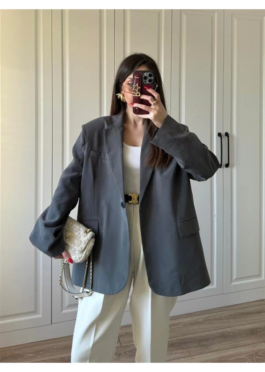 Oversize Antrasit Tensel Blazer Ceket