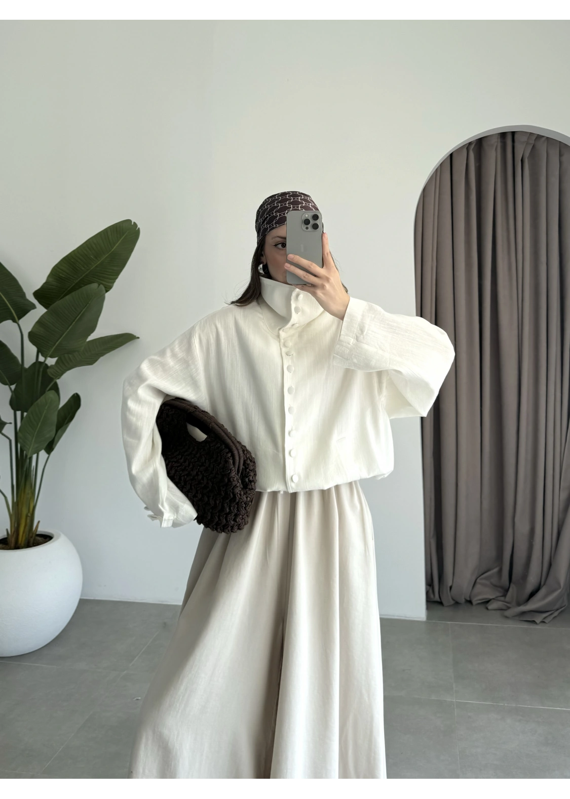 Oversize Düğme Detaylı Keten Beyaz Ceket