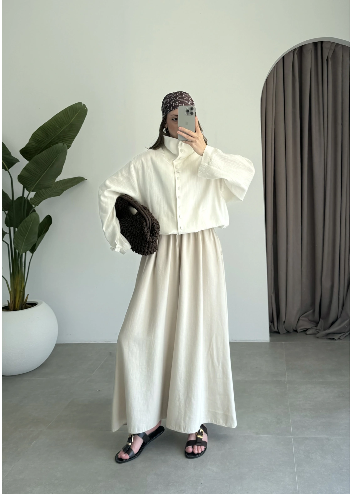 Oversize Düğme Detaylı Keten Beyaz Ceket