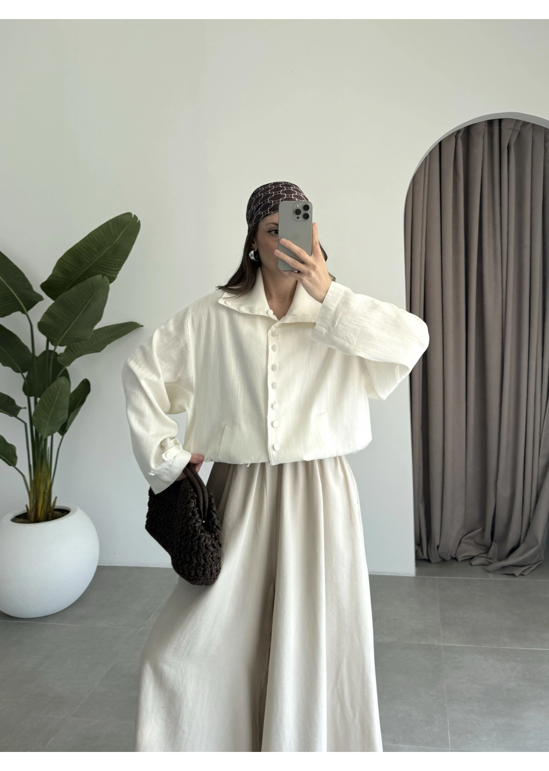 Oversize Düğme Detaylı Keten Beyaz Ceket