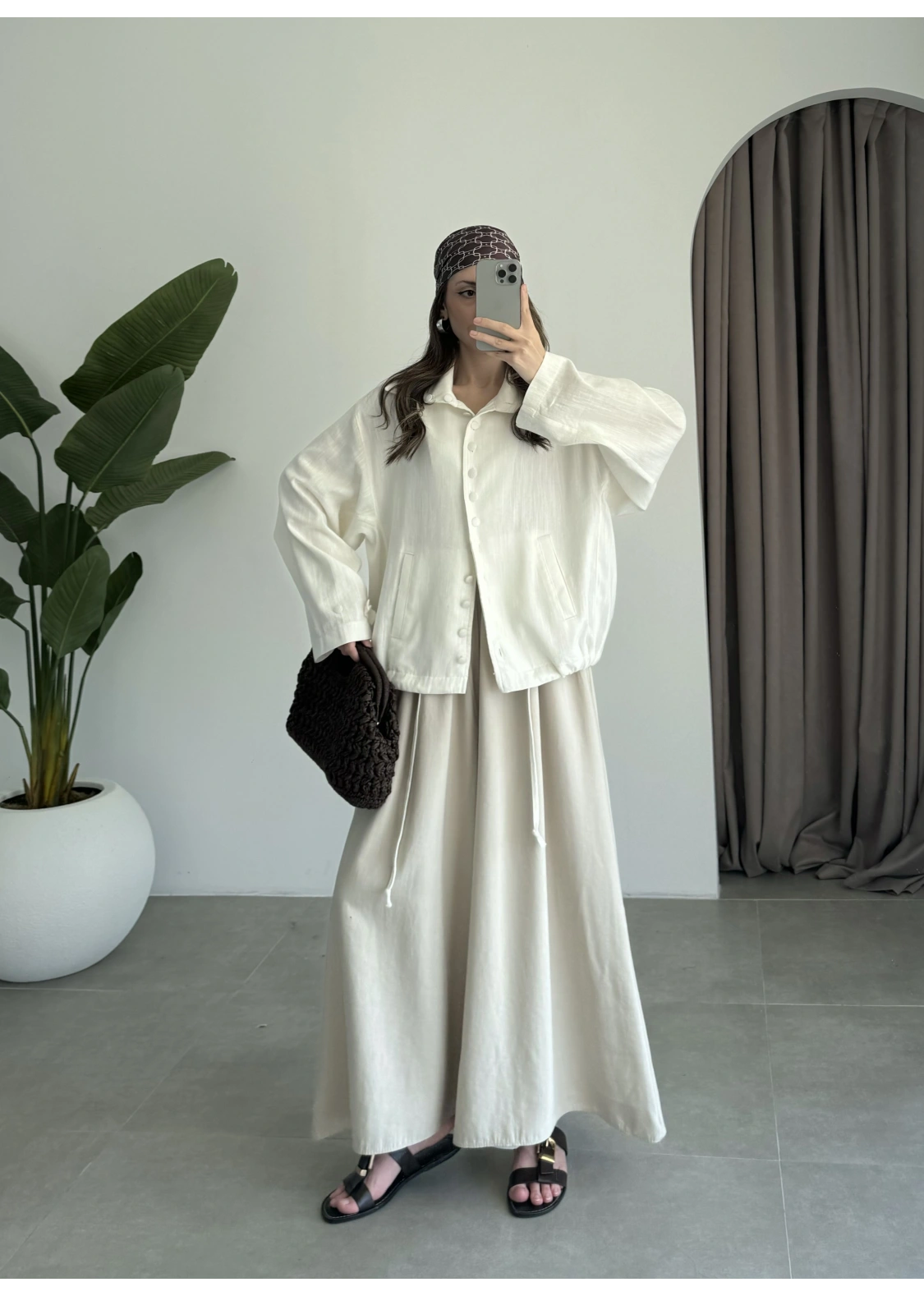 Oversize Düğme Detaylı Keten Beyaz Ceket