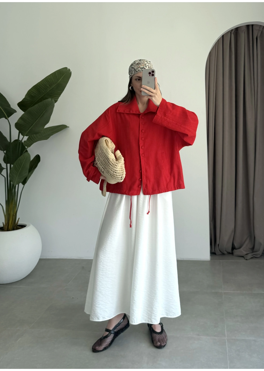 Oversize Düğme Detaylı Keten Kırmızı Ceket