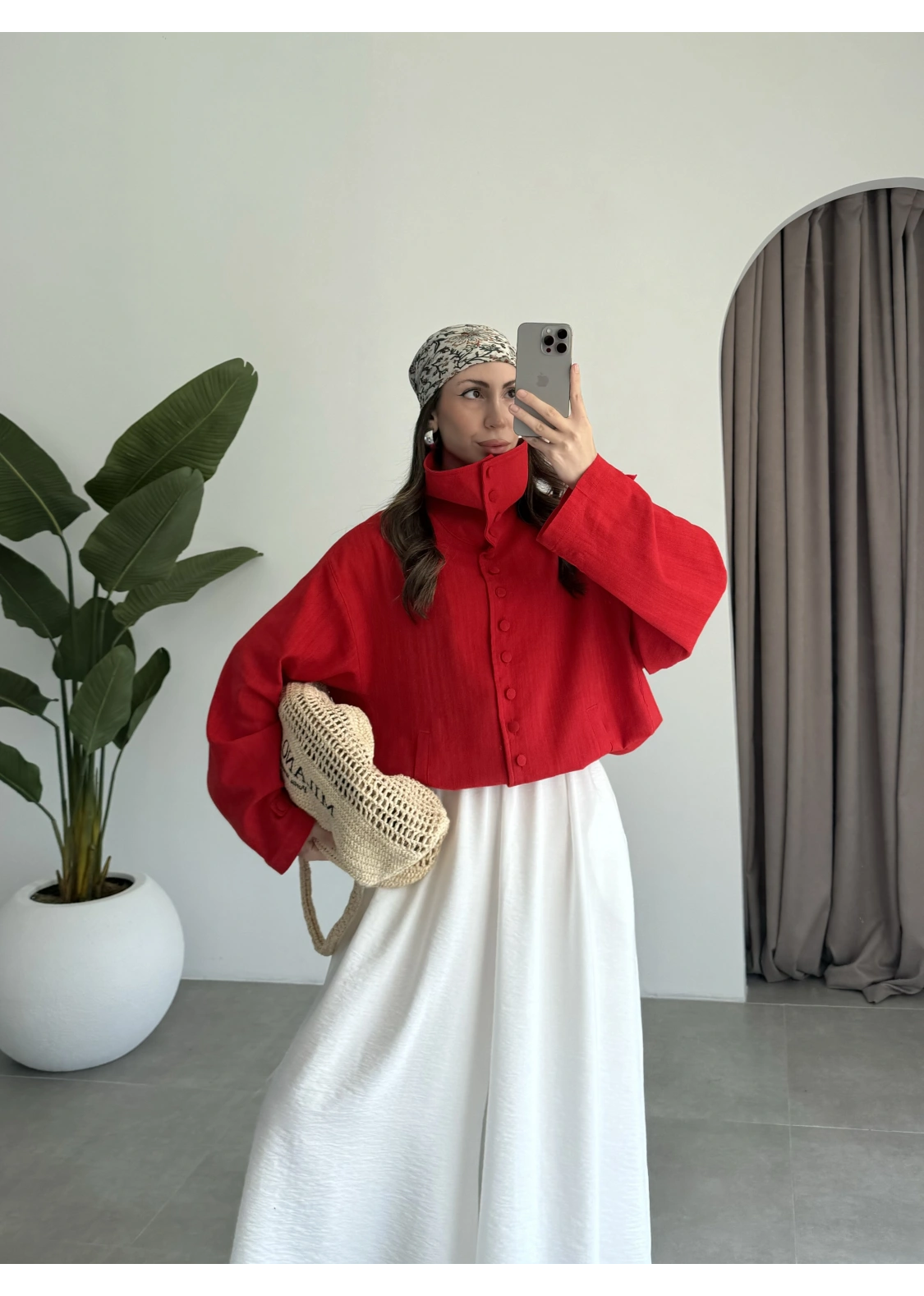 Oversize Düğme Detaylı Keten Kırmızı Ceket