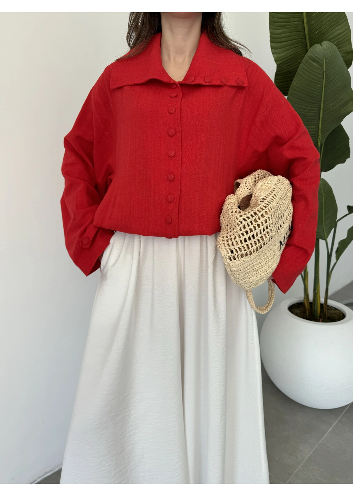 Oversize Düğme Detaylı Keten Kırmızı Ceket