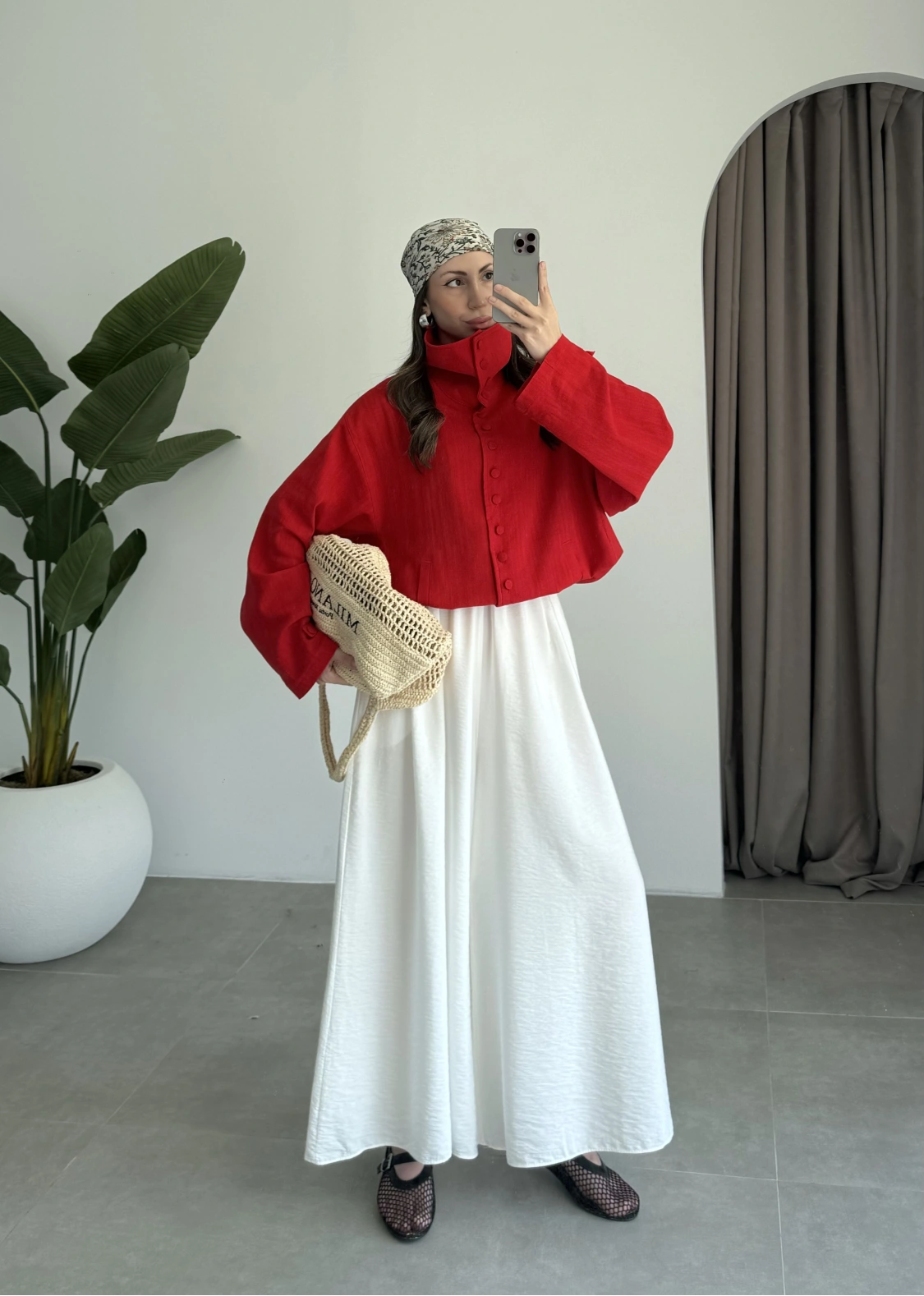 Oversize Düğme Detaylı Keten Kırmızı Ceket