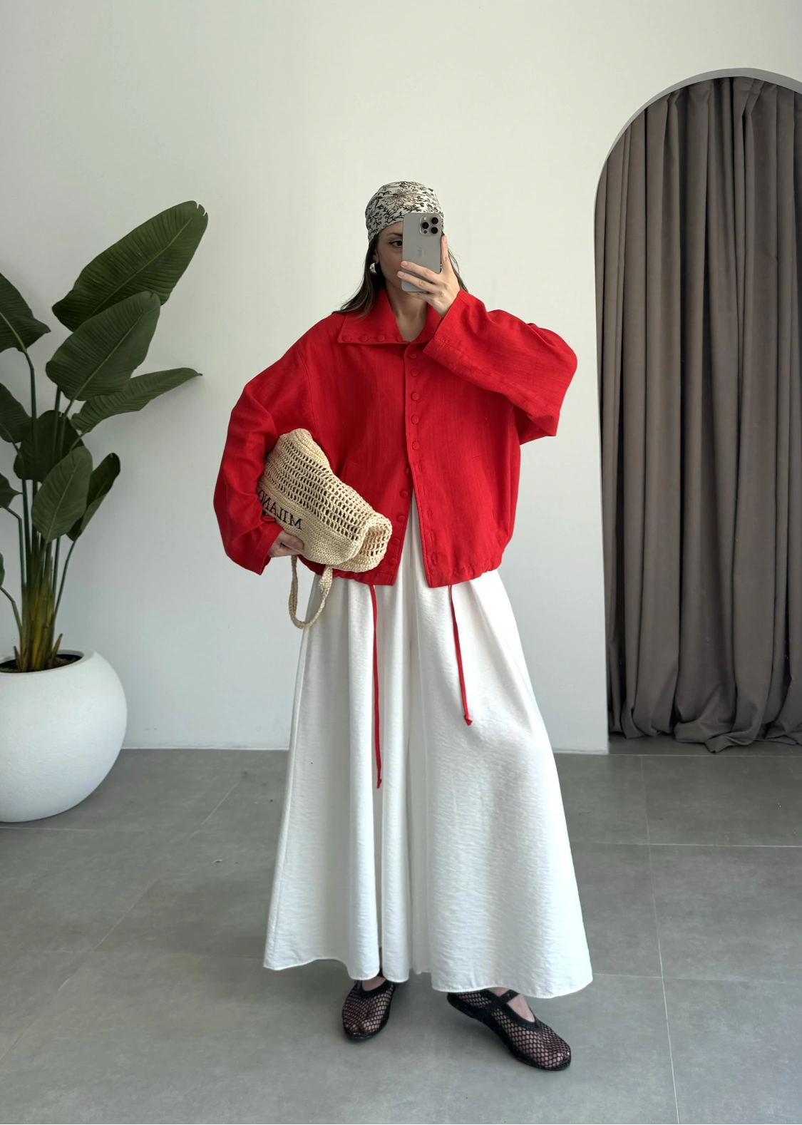 Oversize Düğme Detaylı Keten Kırmızı Ceket