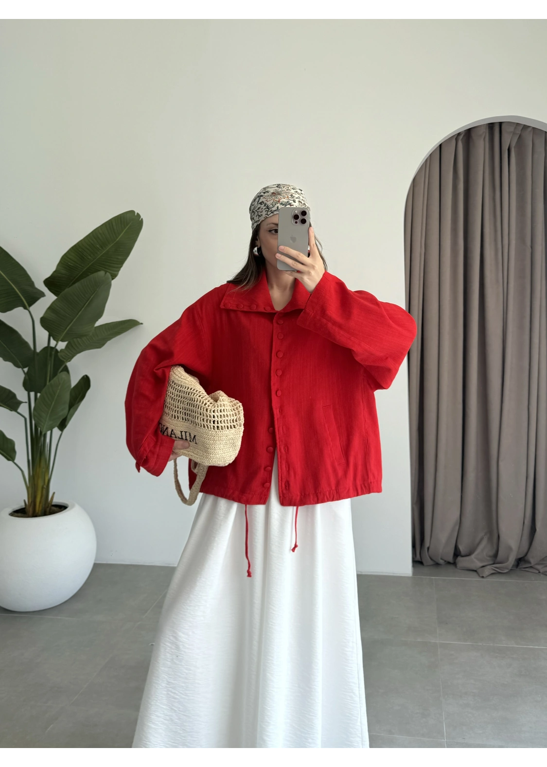 Oversize Düğme Detaylı Keten Kırmızı Ceket