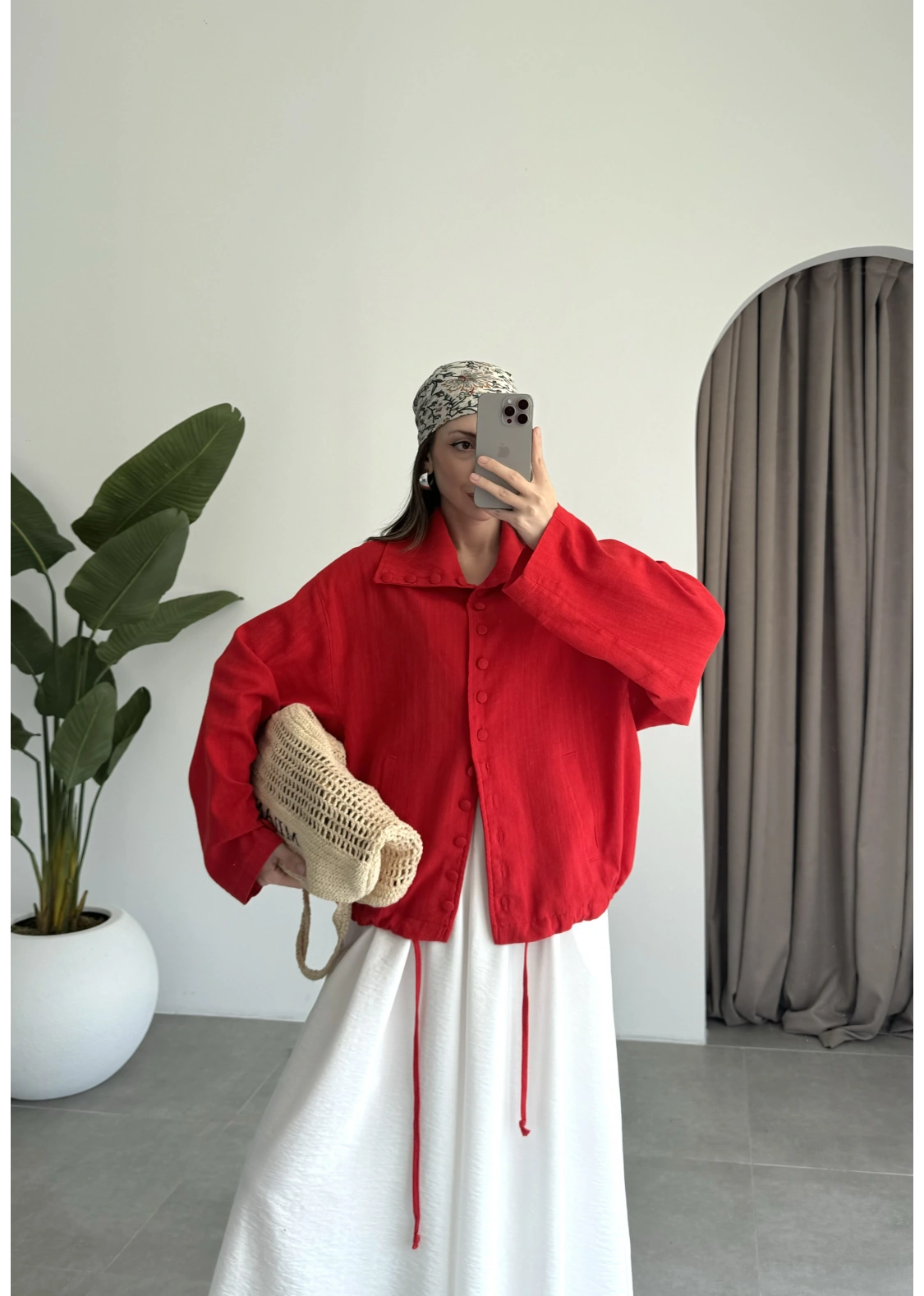 Oversize Düğme Detaylı Keten Kırmızı Ceket