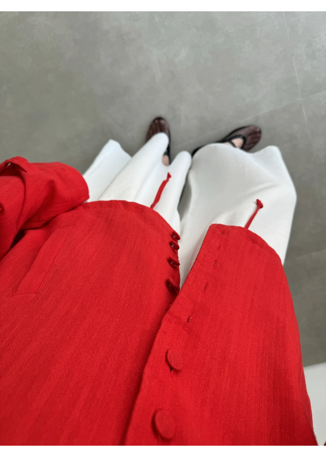 Oversize Düğme Detaylı Keten Kırmızı Ceket